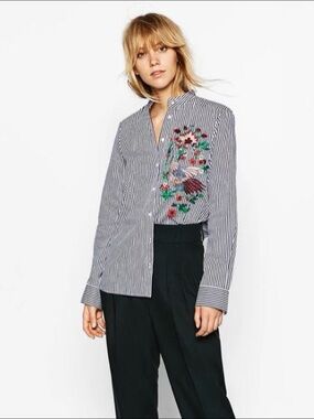 Zara Blue Striped Shirt with Floral Embroidery